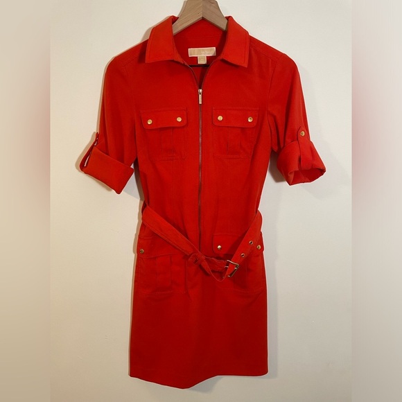 Michael Kors Orange Belted Utility Dress Gold Hardware Size XS EUC - Picture 3 of 10